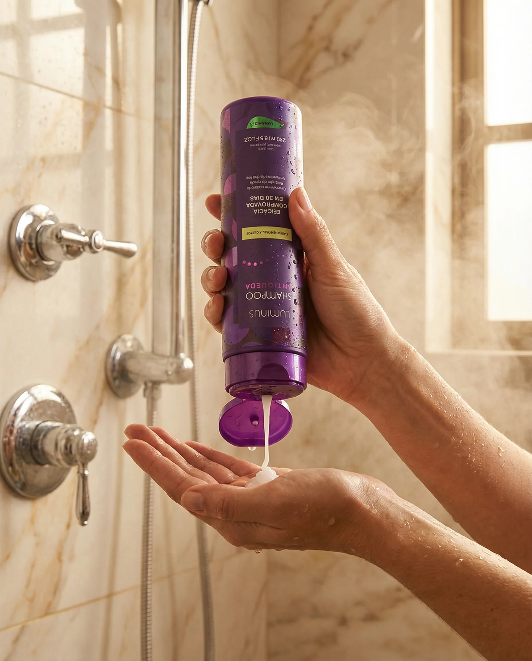 Shampoo sendo usado no chuveiro